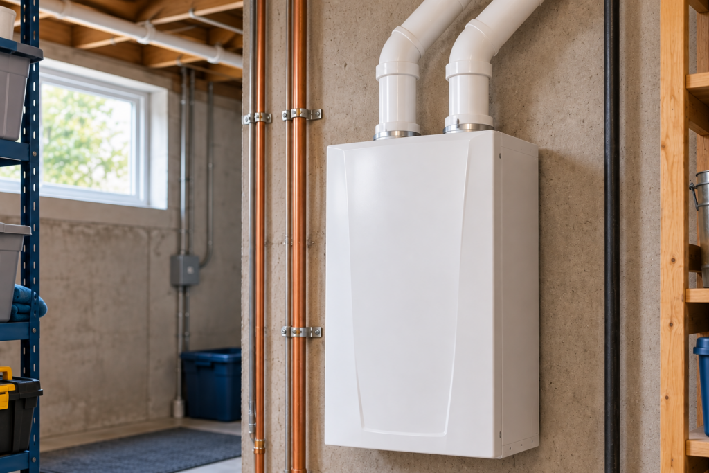 Illustrative closed tankless water heater in a home utility room; image created with AI.